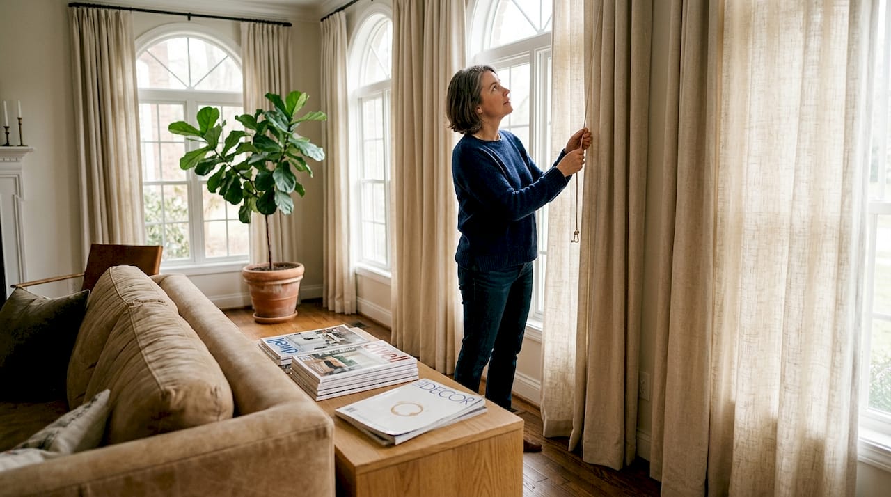 Homeowner adjusting custom drapes in sunlit living room