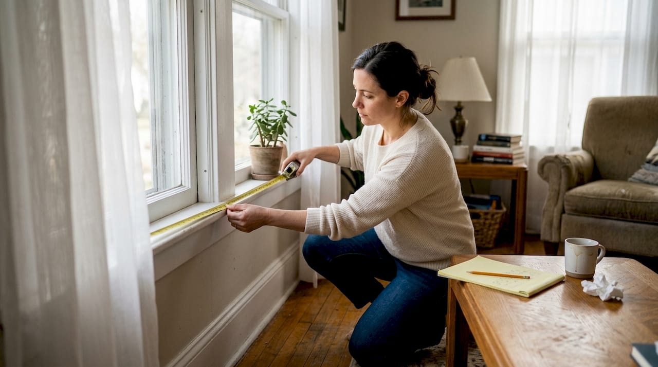 Woman measuring window frame for new treatments