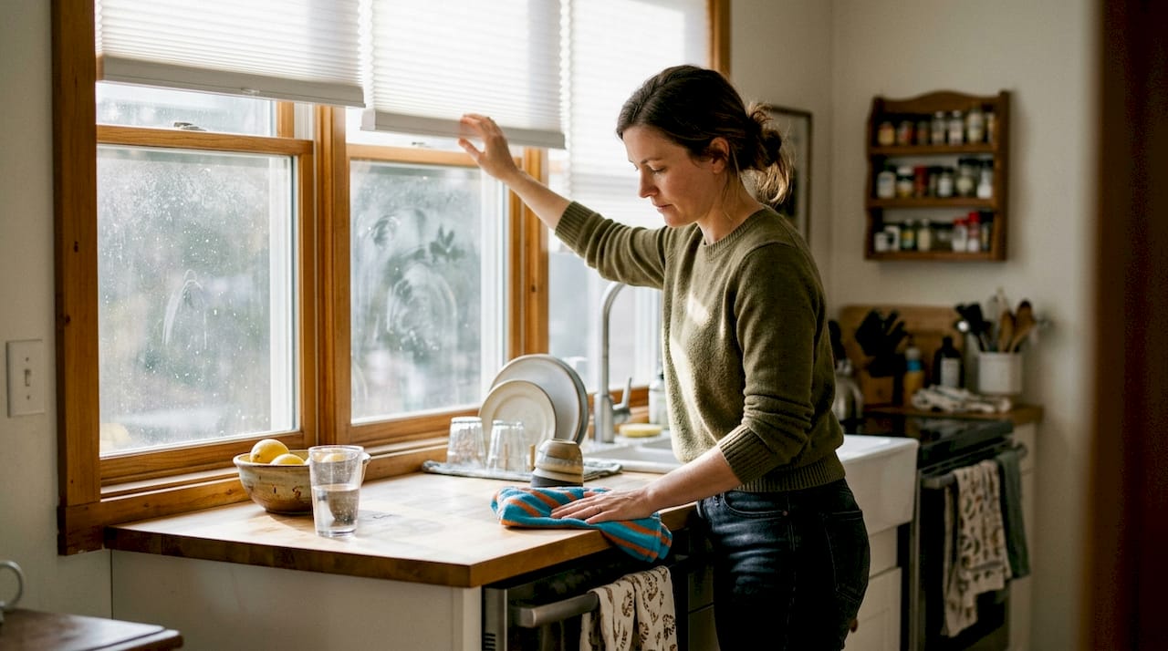 Woman adjusting kitchen window shade in sunlight