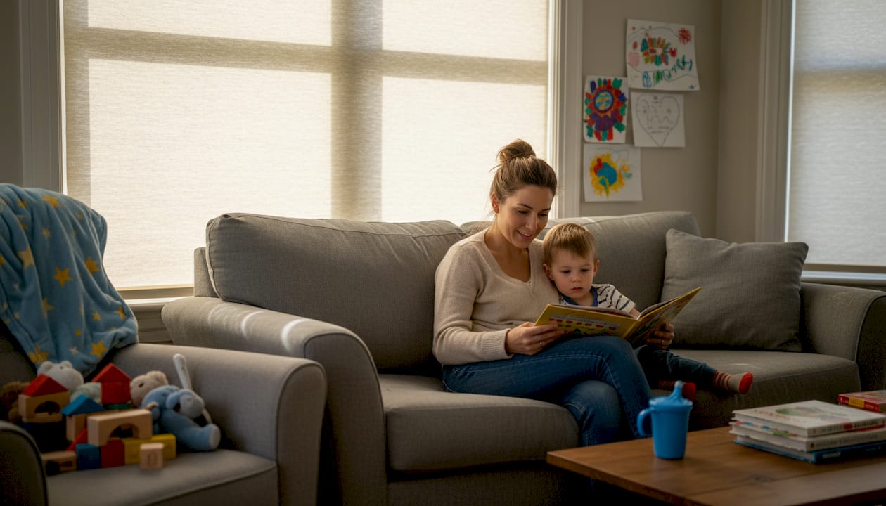 Parent and child near cordless blinds at home