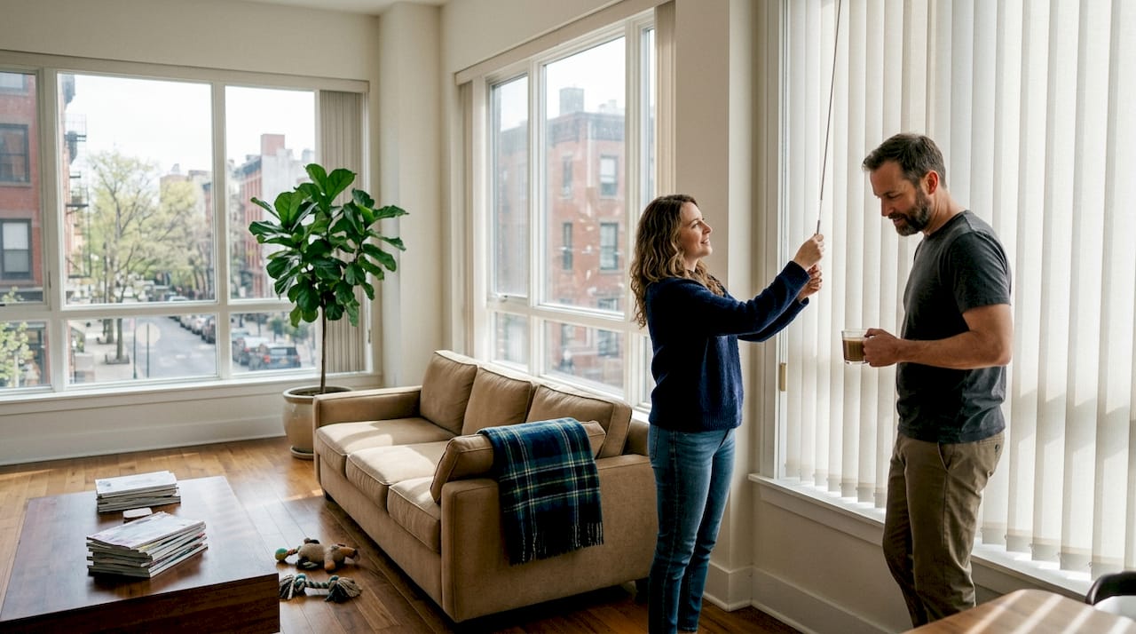 People adjusting large blinds in city living room