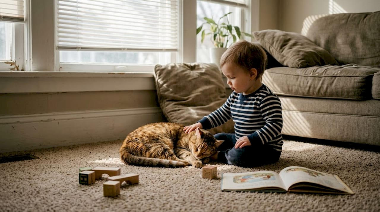 Toddler and cat near cordless blinds