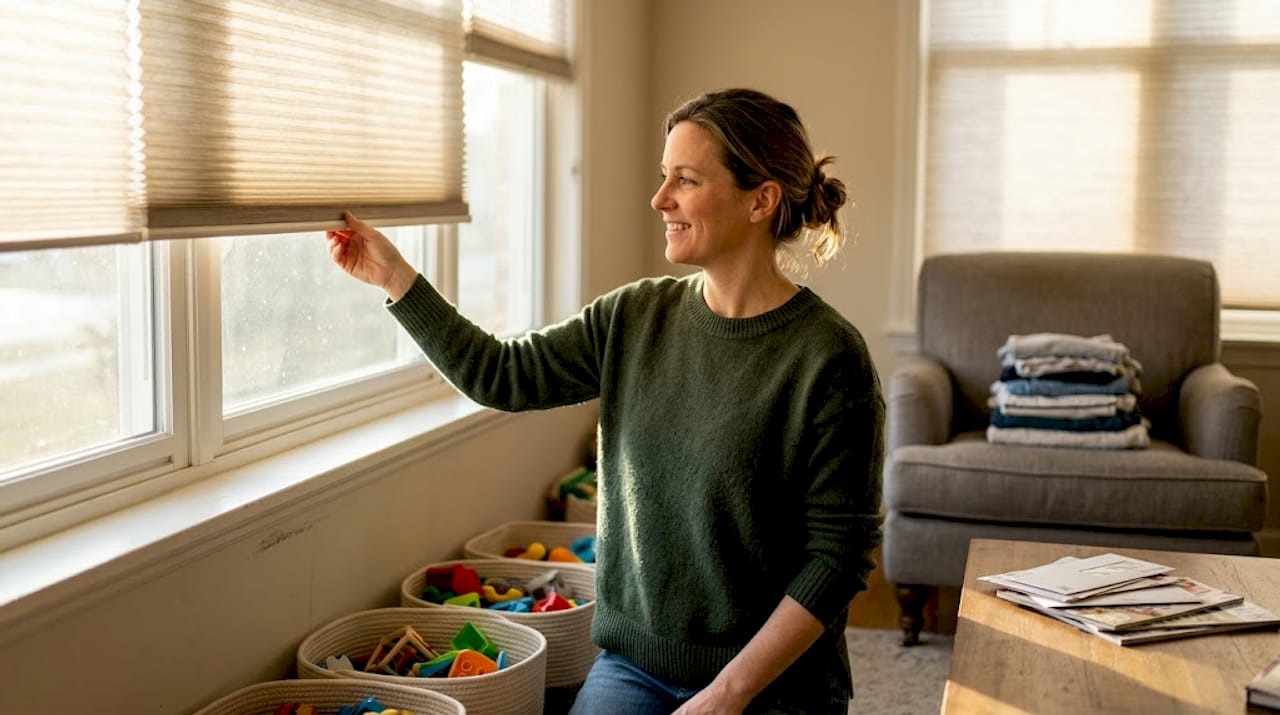 Woman adjusting cordless shades in bright living room