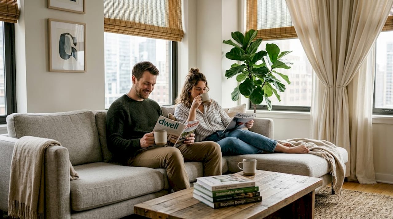 Couple in living room with eco window shades