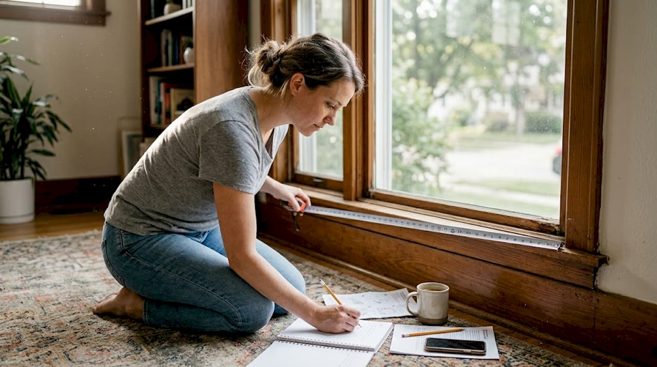 Person measuring window frame for new blinds