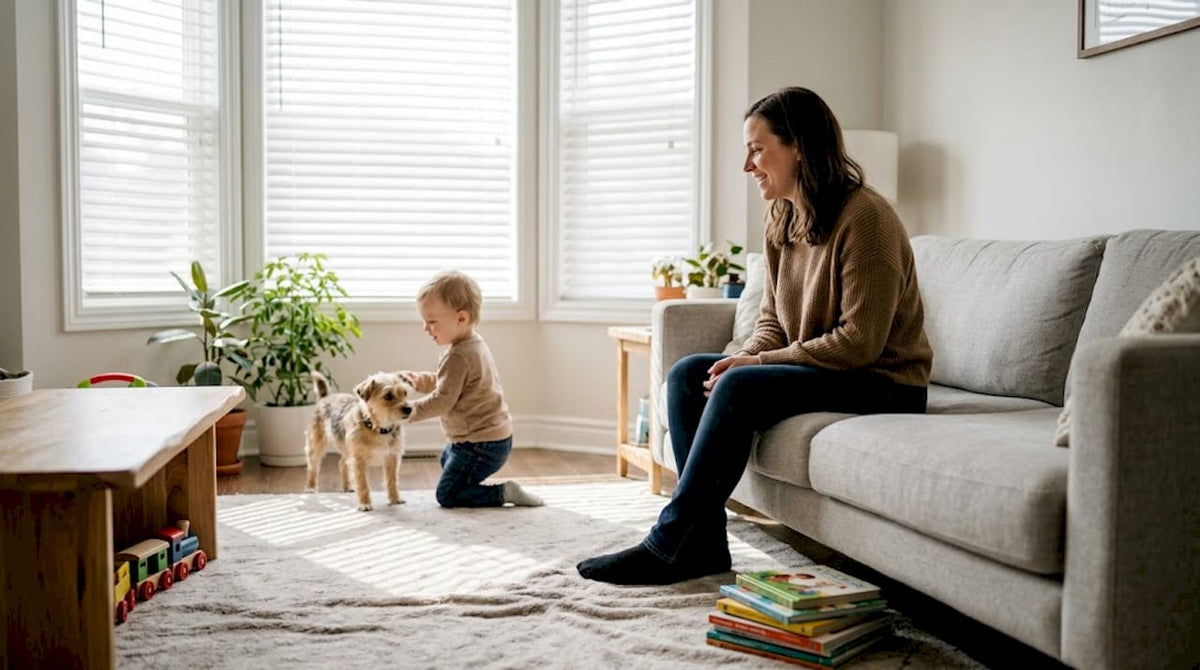 Mother watches toddler and dog near cordless blinds