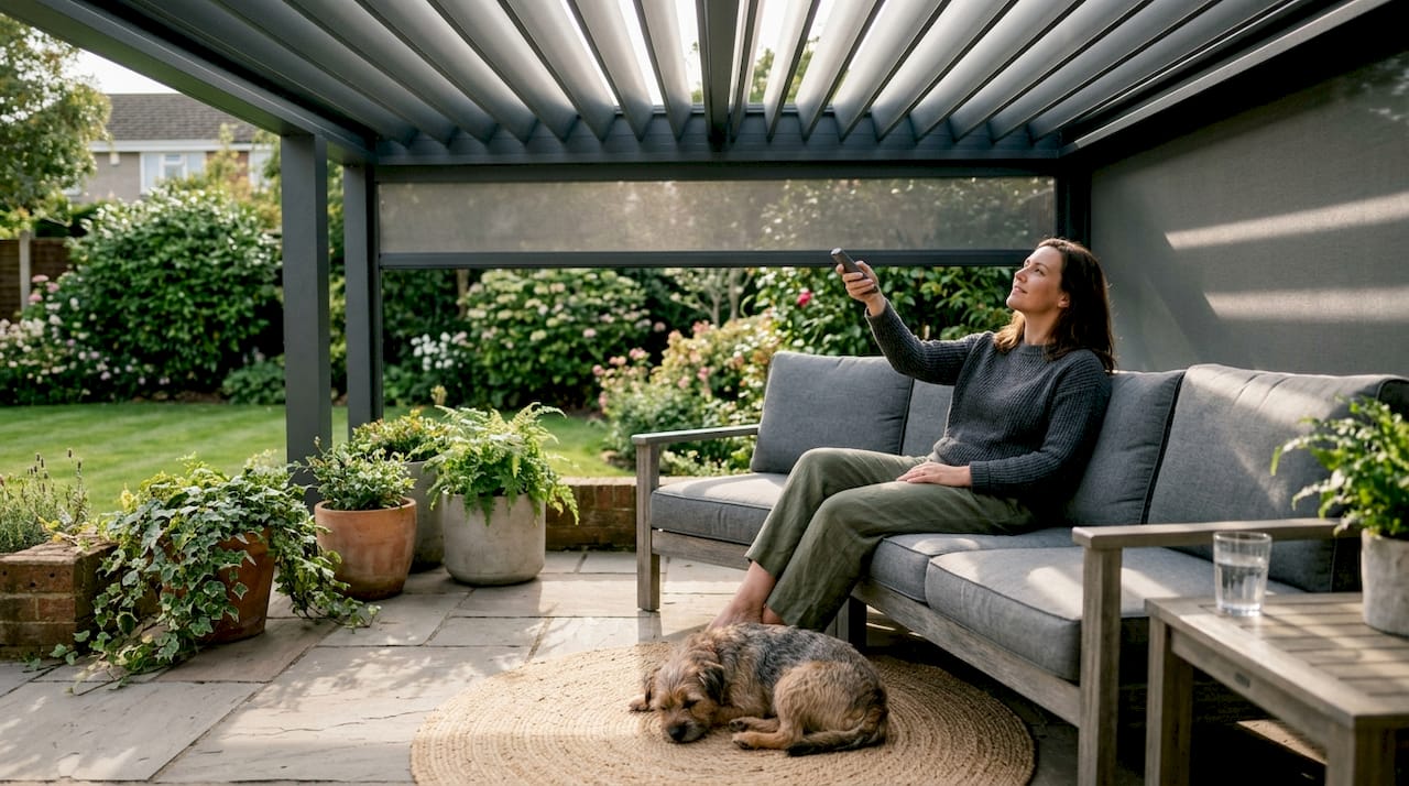 Homeowner adjusts modern motorized pergola outdoors
