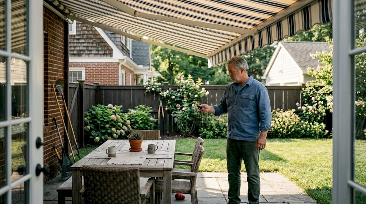Homeowner adjusts retractable awning on patio