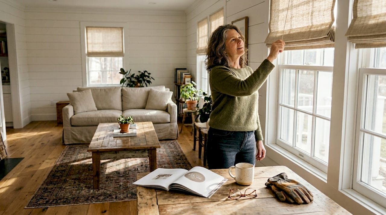 Homeowner adjusting farmhouse linen window shade