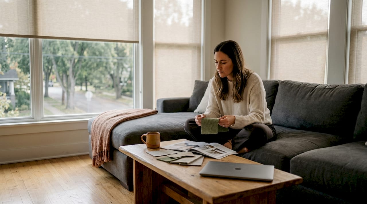 Homeowner choosing window shades by sunlit windows