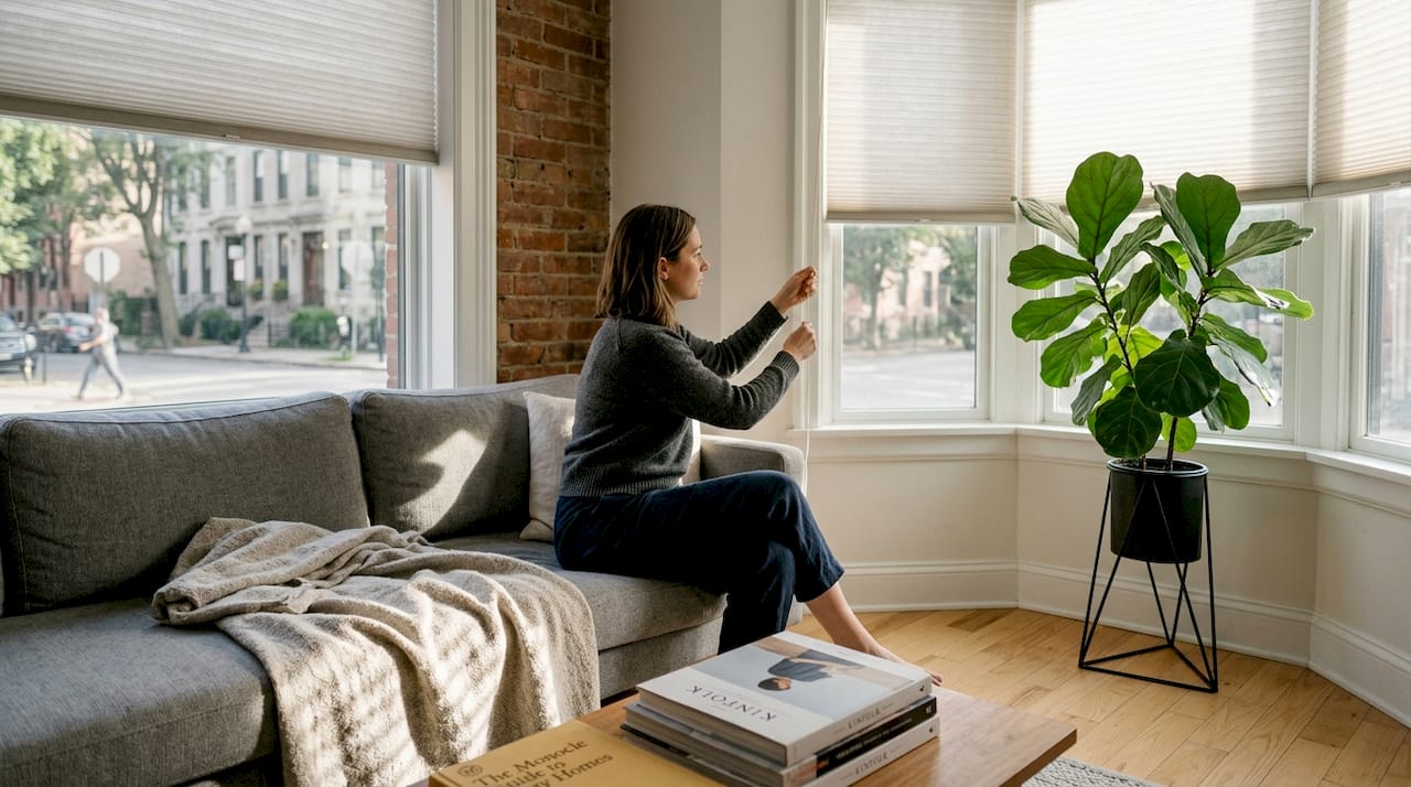 Woman adjusting sheer blinds in bright living room