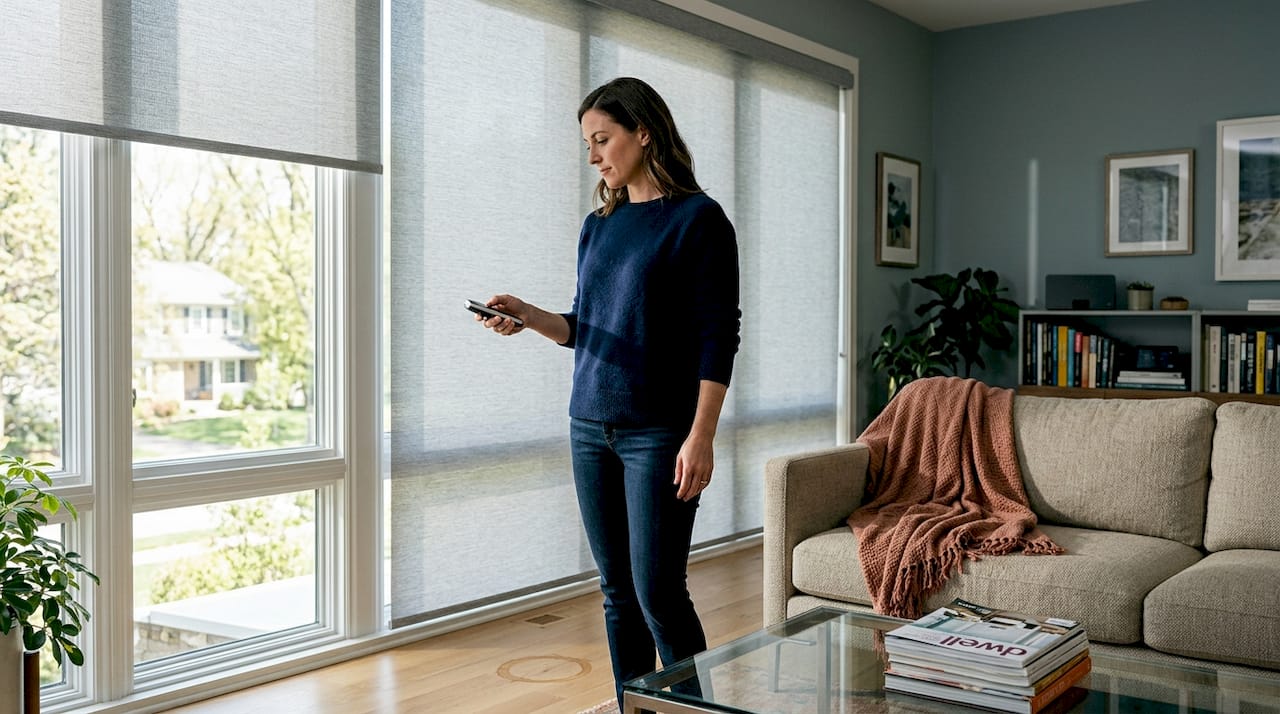 Homeowner activates motorized window shades in living room