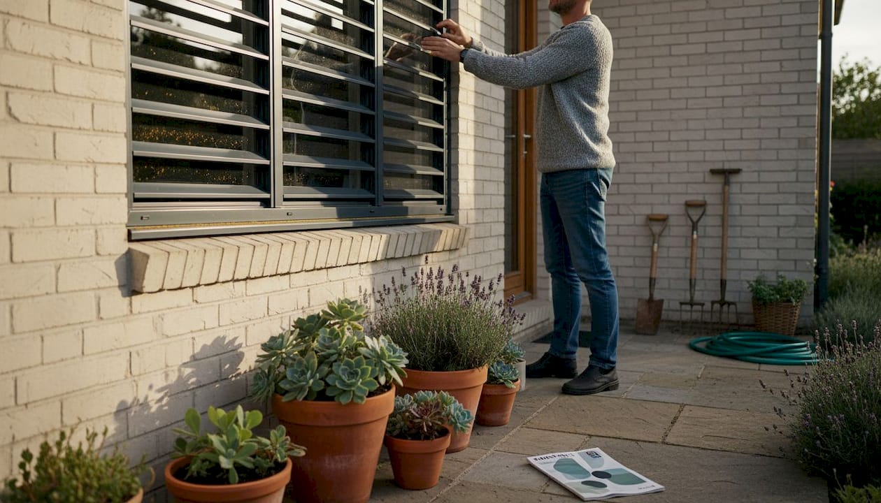 Homeowner adjusting outside louvered window blinds