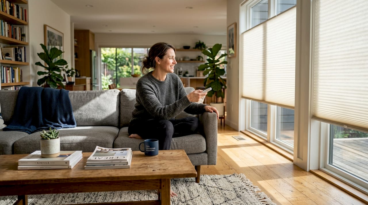 Woman adjusting remote control cellular shades in living room