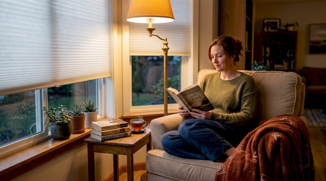 Woman relaxing in living room with cellular shades
