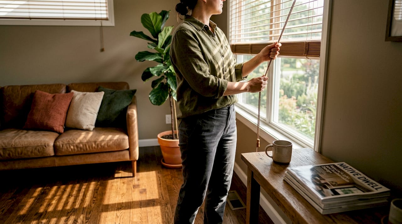 Person raising wooden blinds in city apartment