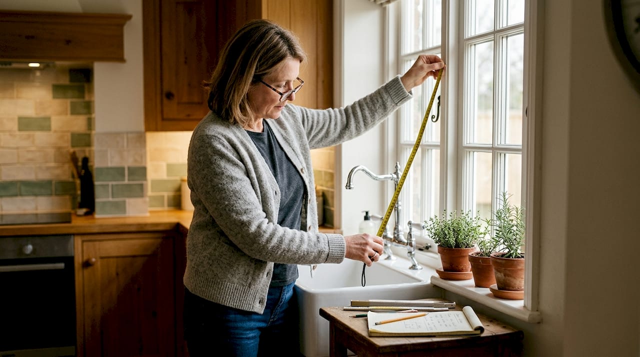 Woman measuring living room window with tape
