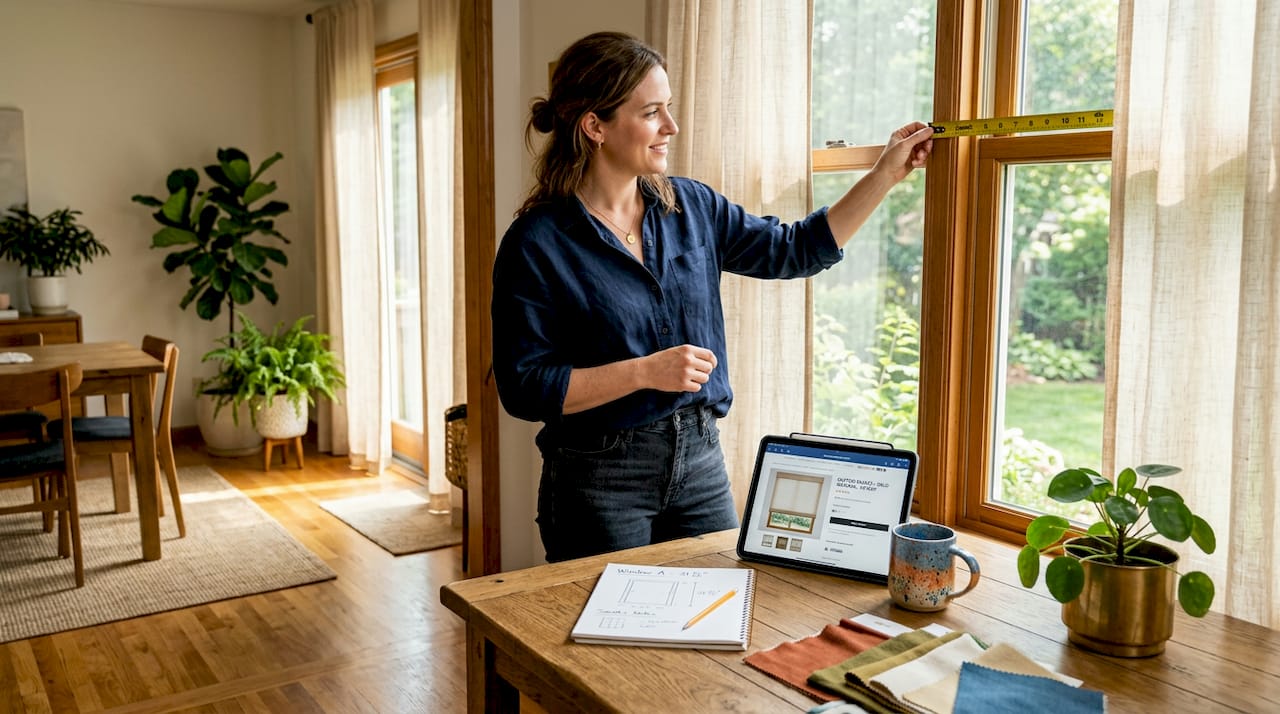Homeowner measuring window while shopping shades online