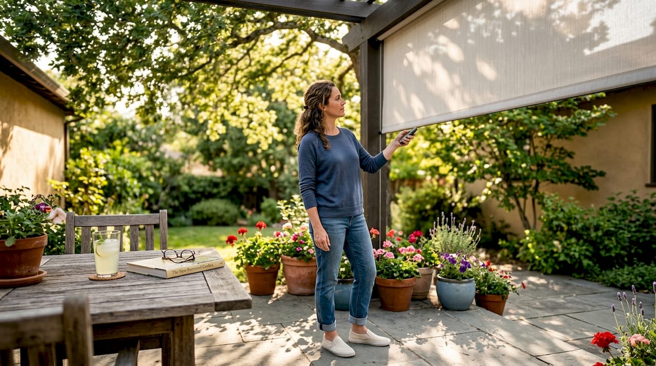 Homeowner adjusting motorized outdoor patio shades