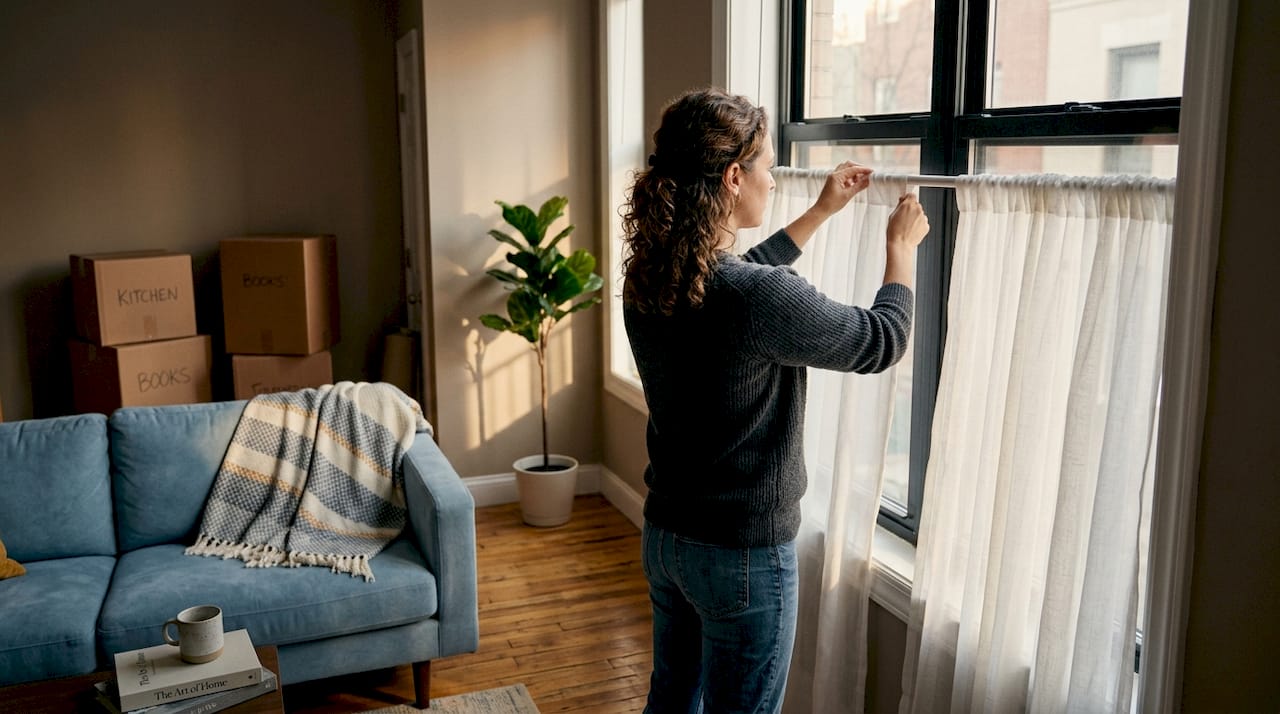 Woman adjusting tension rod curtains in rental apartment