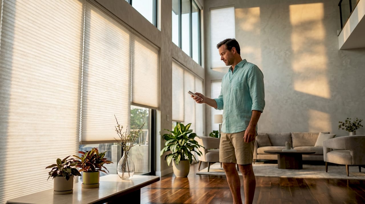 Motorized blinds in sunlit living room scene