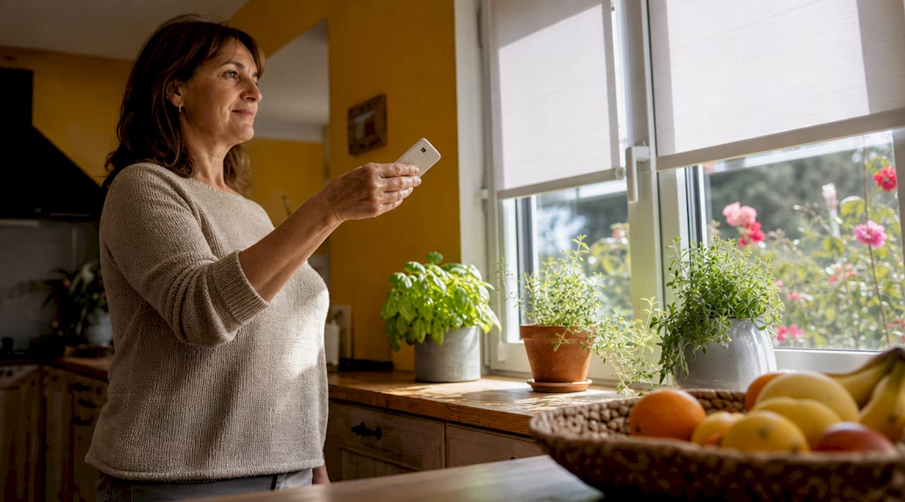 Woman controlling remote roller blinds in living room