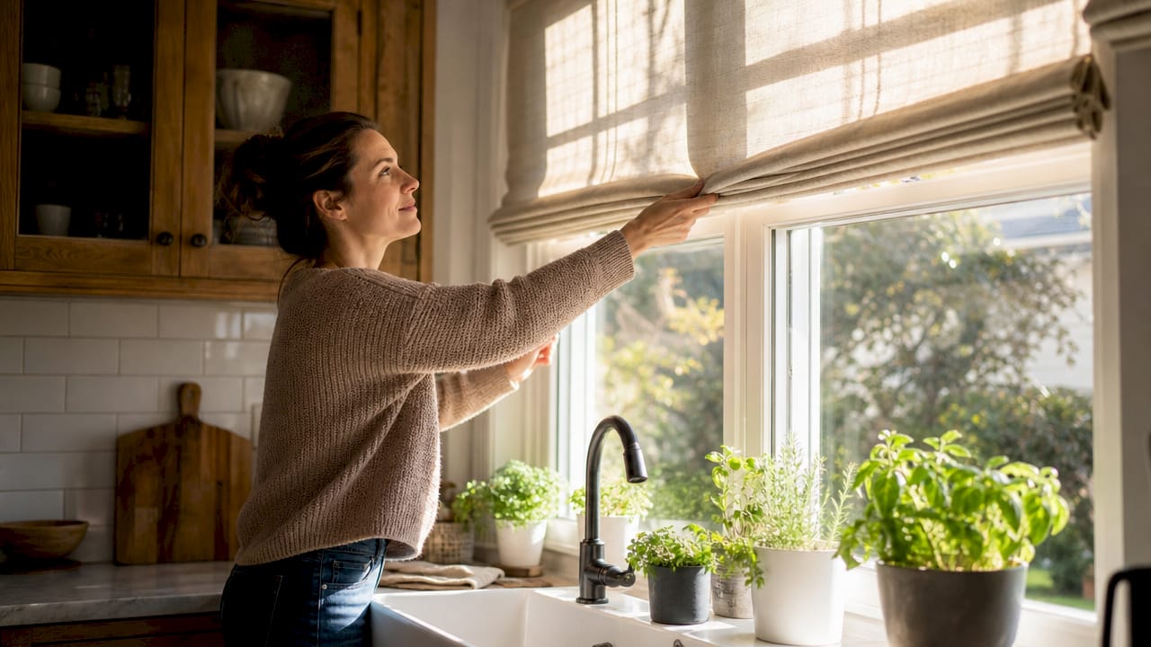 Woman adjusting cellular shades in living room