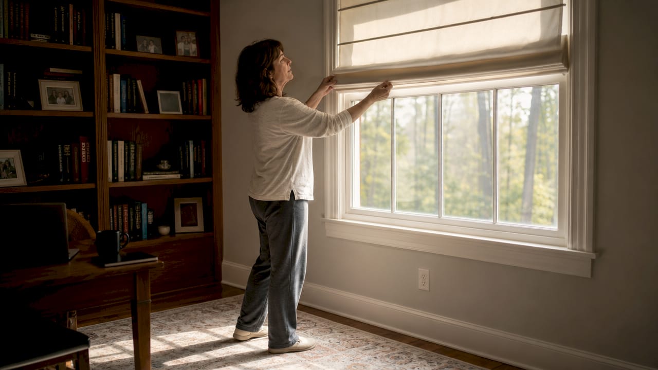 Woman adjusting top down roman shade in living room
