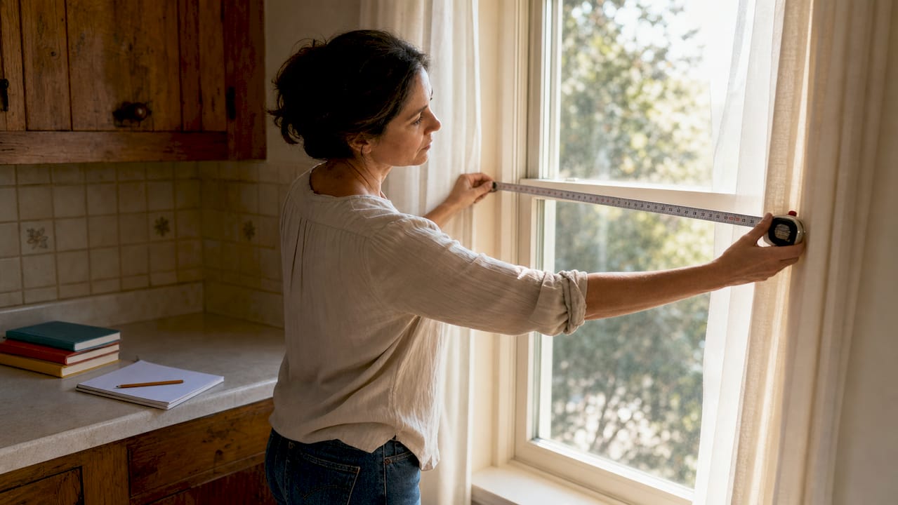 Woman measuring window width for wooden blinds