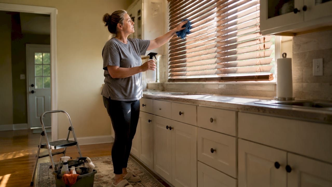 Woman cleaning faux wood blinds in living room
