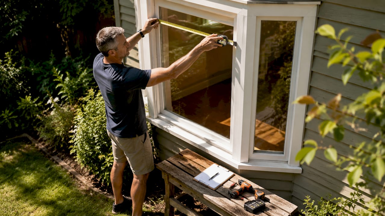 Person measuring bay window's width indoors