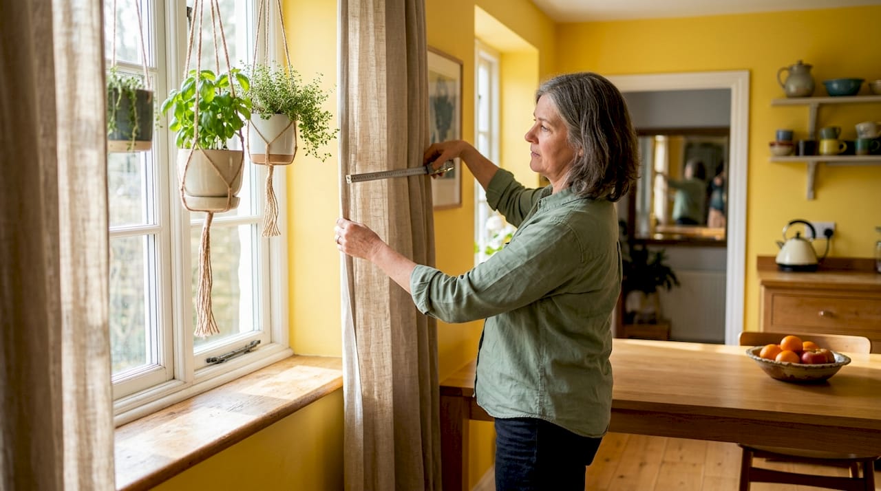 Woman measuring bamboo blinds in living room