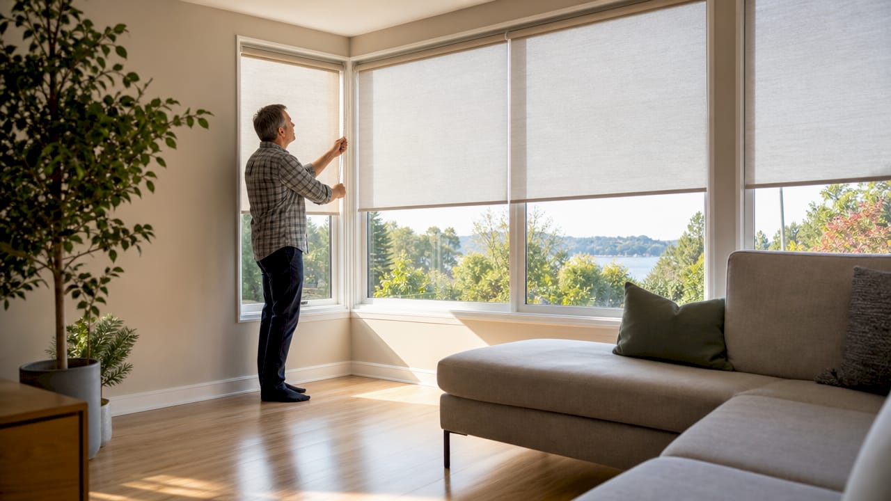 Man adjusting vertical blinds on large windows