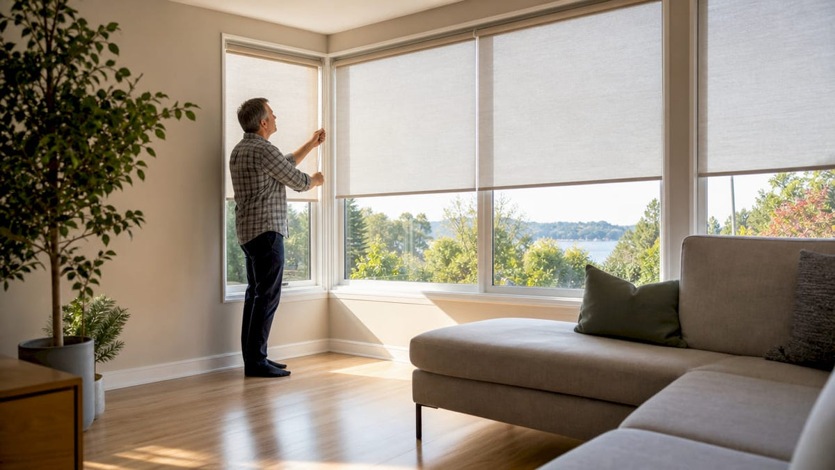 Man adjusting vertical blinds on large windows