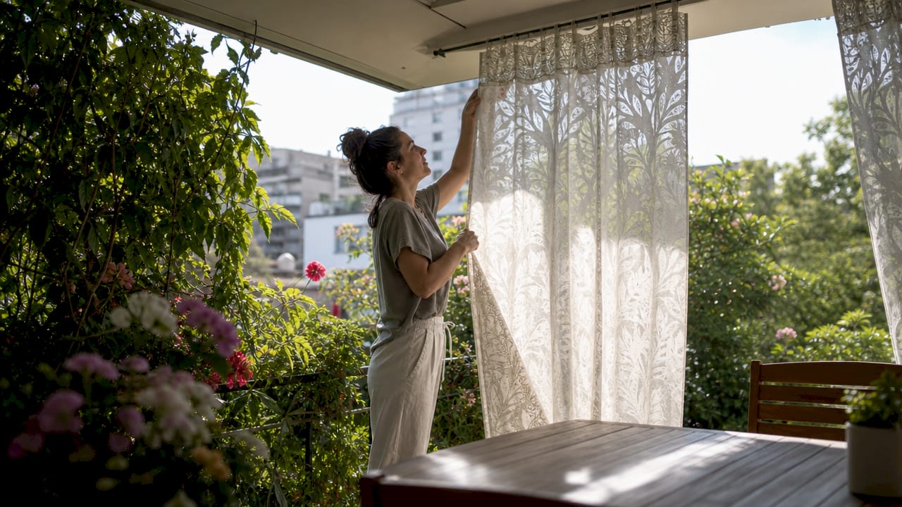 Woman adjusting sheer curtains near ceiling in small bedroom