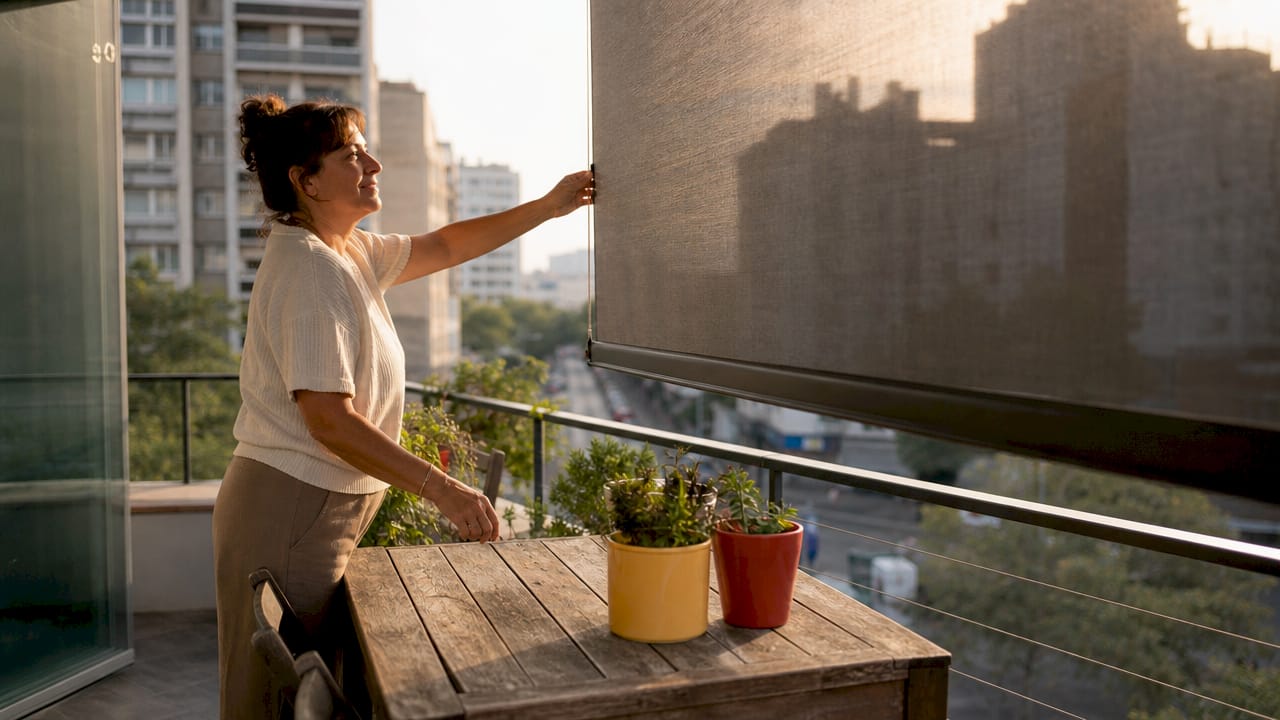 Homeowner adjusting patio outdoor sun blinds