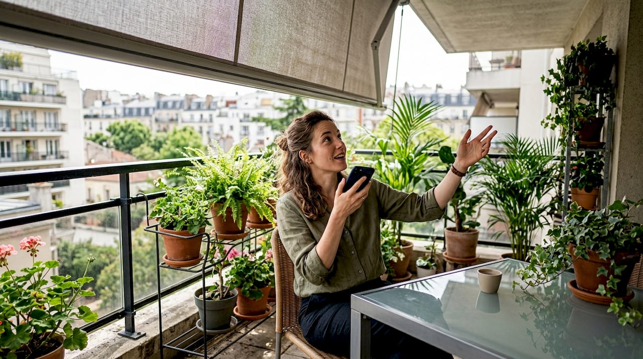 Woman controlling Alexa-powered blinds in living room