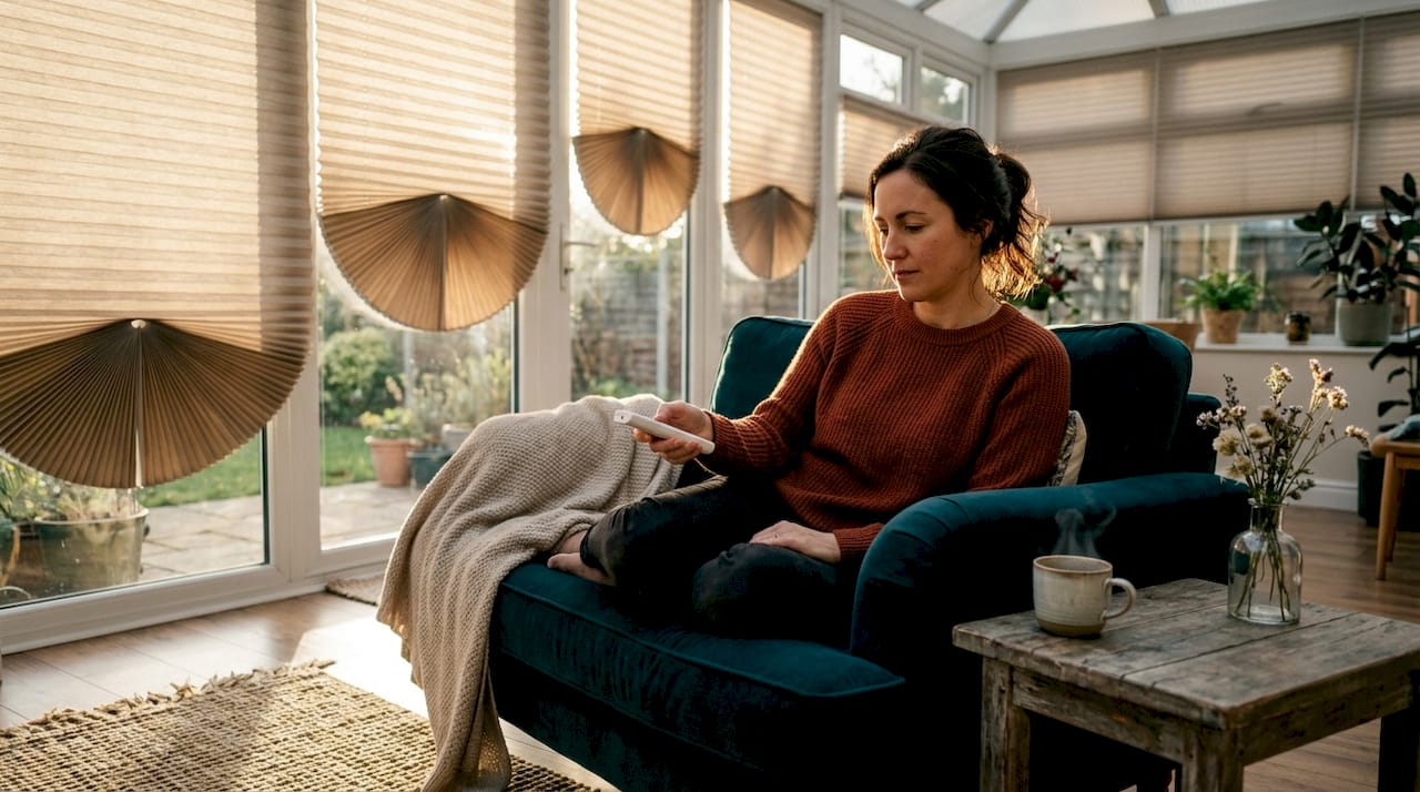 Woman using remote for electric honeycomb blinds