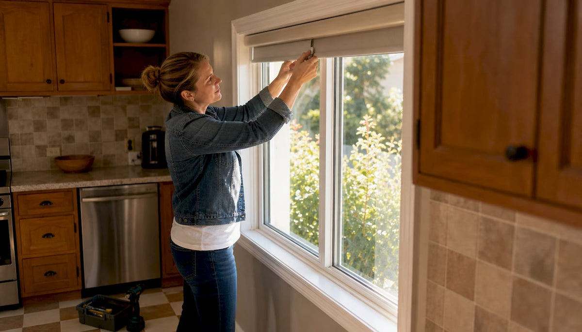 Woman installing roller blind in new home