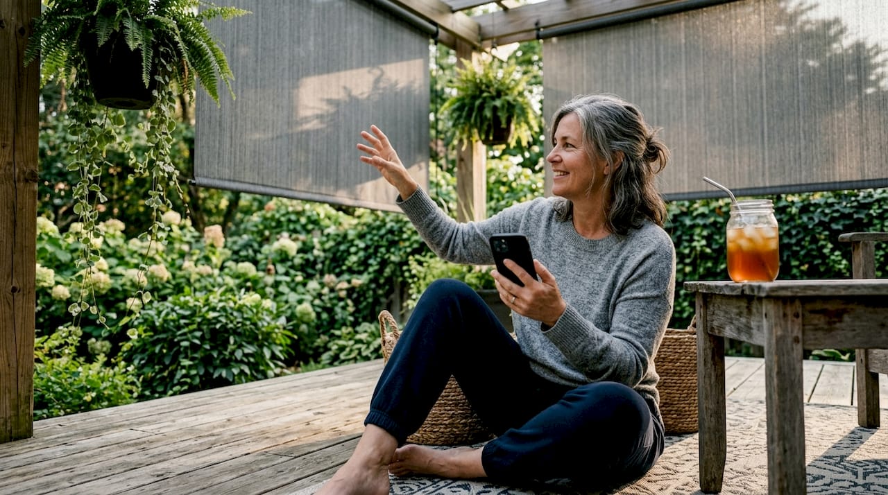 Woman controlling Alexa compatible blinds with smartphone