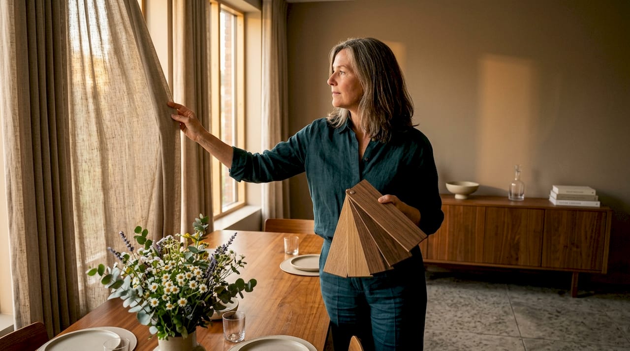 Woman inspecting faux wood window treatments