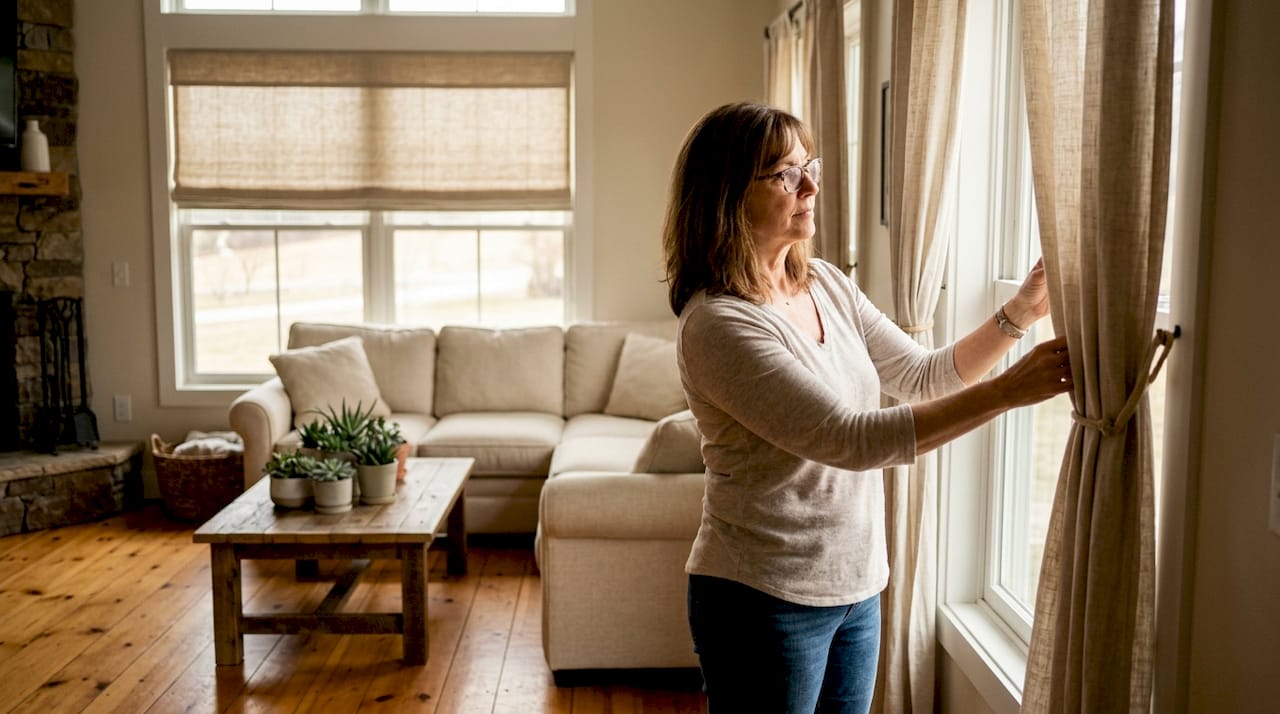 Home stager adjusting neutral window treatments in living room