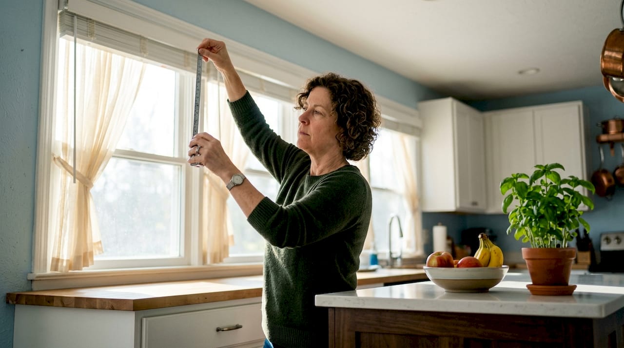 Woman measuring outside mount window blinds