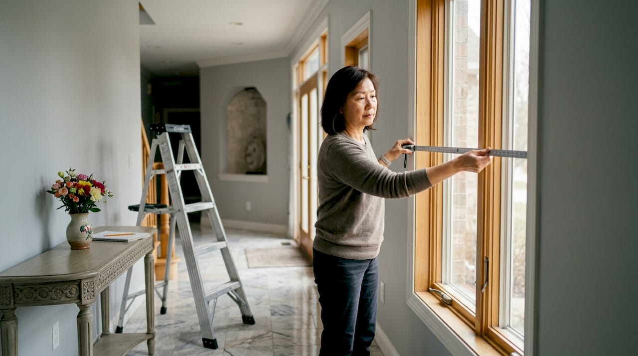 Woman measuring window frame for roman shades