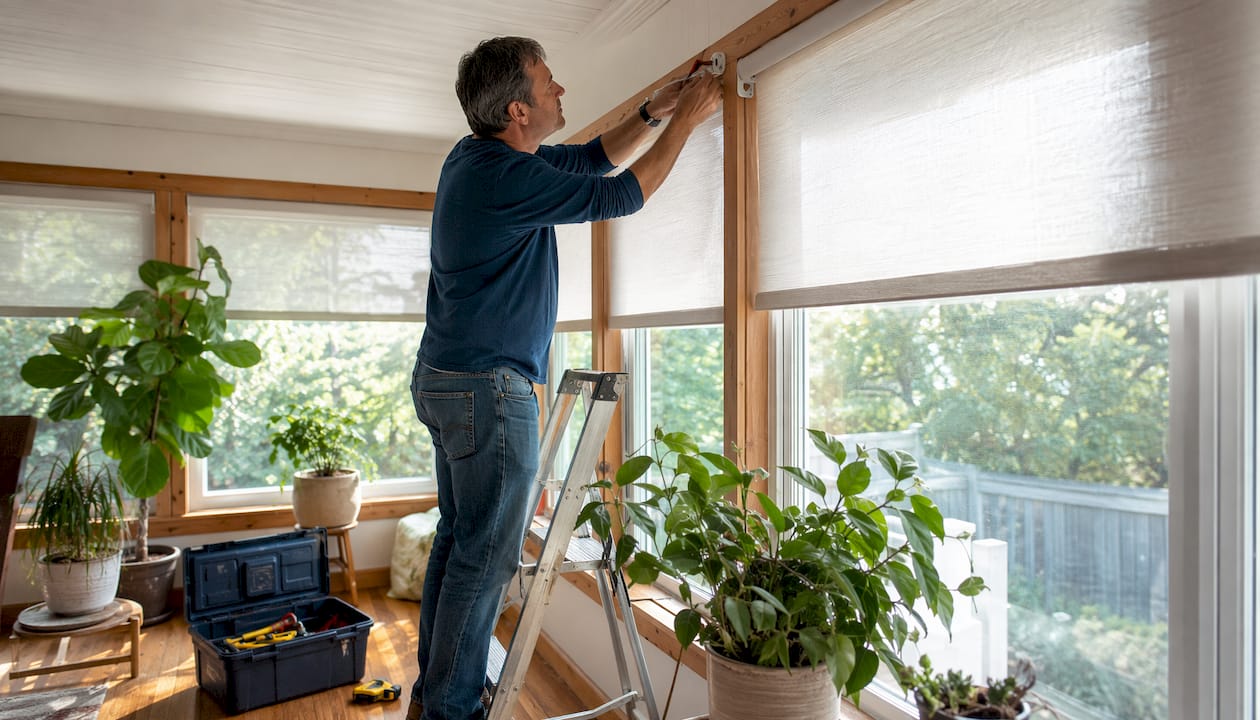Man installing roller shade bracket on window frame