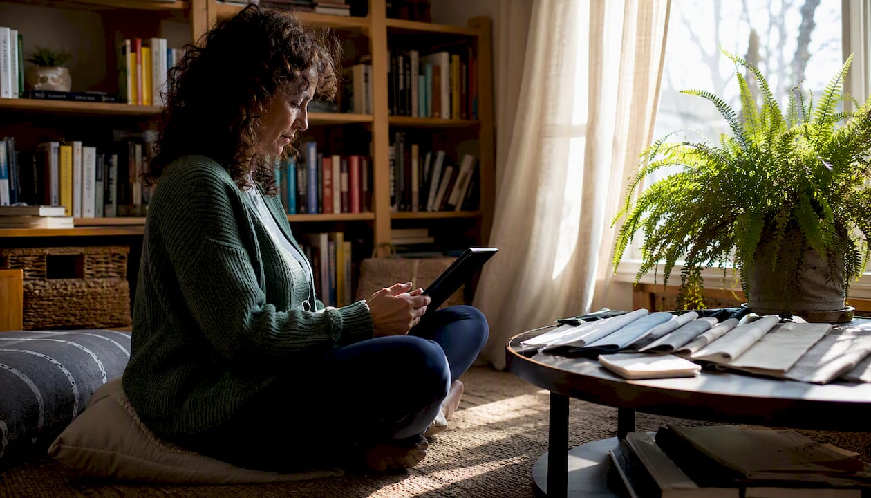 Woman shopping for window blinds at home