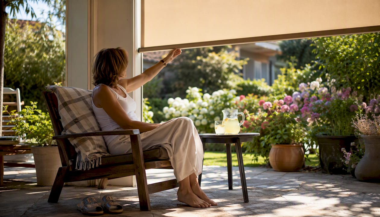 Woman lowering solar mesh outdoor blind on patio