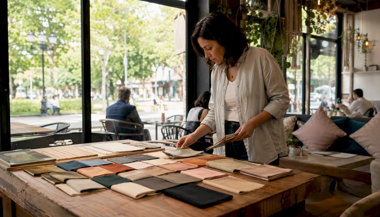 Woman examining fabric samples in window shade store