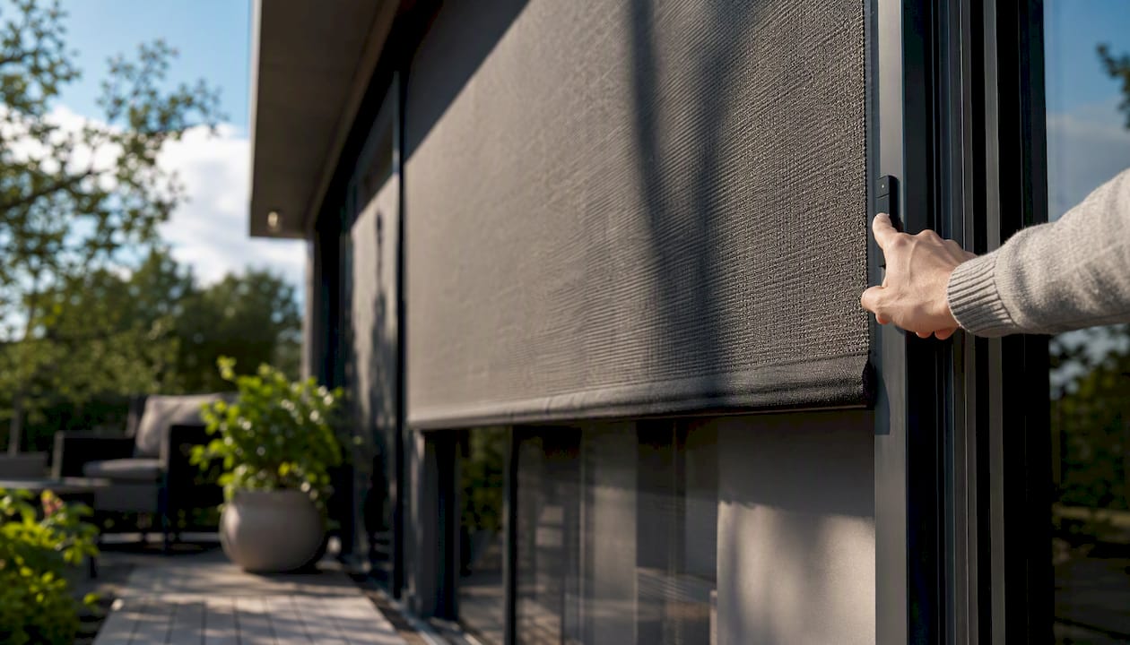 Person lowering motorized exterior roller blind