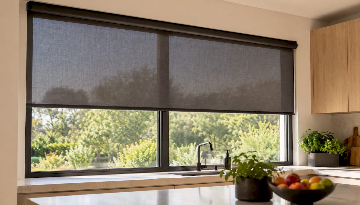 Living room window with motorized roller blinds